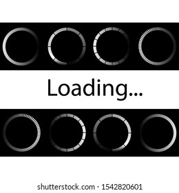 loading icon set on black background, vector illustration. Circle website buffer loader or preloader. Progress bar loading icon