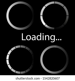 loading icon set on black background, vector illustration. Circle website buffer loader or preloader. Progress bar loading icon