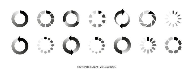 Loading icon set. Progress bar for upload download round process. Circle loading, waiting symbol vector illustration. Vector donload or upload status icon