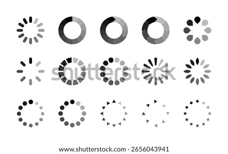 Loading icon set. Progress load, download upload indicator symbol. Circle black gray sign. Vector design element for an interface, app, project. Isolated on a white background.