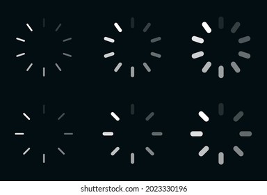 Loading Icon Set. Set Of Loading Wheel Vector Icons Isolated On Dark Background. Flat Style User Interface Icon For Loading Progress. 