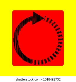 Loading icon. Vector. Black scribble icon in red container with rounded corners at yellow background. Isolated.