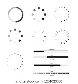 Loading icons, Isolated icon set on black background, vector illustration.