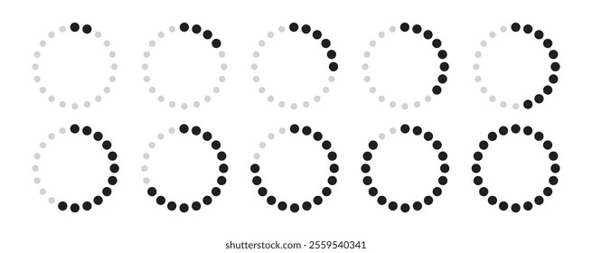 Loading icons set from 10 to 100 percent. Load bar icons. Upload symbol. Loader icon isolated on transparent background