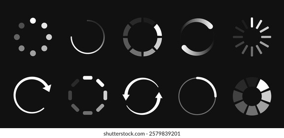 Loading icons set. Upload, download or updating status. Circular indicator of progress, loaders. Interface elements for website. Flat vector collection isolated on black background
