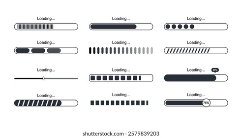 Loading icons set. Upload, download or updating. Circular loaders. Indicator of progress. UI and UX design elements for website. Flat vector collection isolated on white background