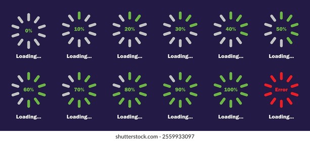 Loading icons showing rotating bars with percentage labels from 0% to 100%, ideal for apps, dashboards, status screens, progress indicators, waiting steps and simple UI markers.