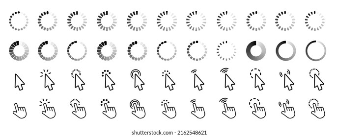 Loading icons. Waiting symbol sign. Pointer click icon. Clicking cursor, pointing hand clicks. Website arrows or hands cursors tools, computer interface button. Vector isolated symbols collection