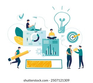 loading idea. process inventing the new idea. path of creating idea of light bulb point on way to success. Business plan strategy introducing innovations in innovations in company vector illustration