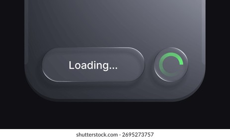 Loading indicator with green circular progress bar. Liquid glass morphism vector design for modern user interface and application.