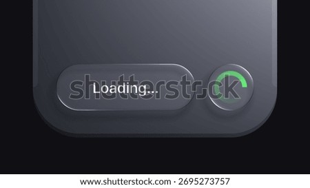 Loading indicator with green circular progress bar. Liquid glass morphism vector design for modern user interface and application.