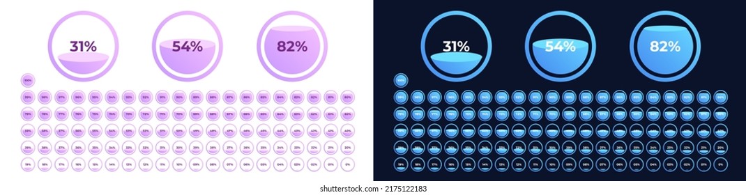 Loading indicator. Progress bar. Filling capacity. Blue color, black background. Percentage meter. UI, User interface. Loading symbol. Download process. Circle icons set design. Vector illustration.