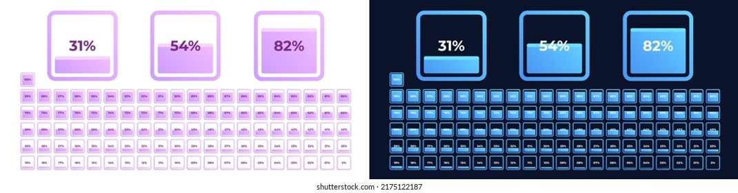 Loading indicator. Progress bar. Filling capacity. Blue color, black background. Percentage meter. UI, User interface. Loading symbol. Download process. Square icons set design. Vector illustration.