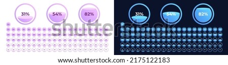 Loading indicator. Progress bar. Filling capacity. Blue color, black background. Percentage meter. UI, User interface. Loading symbol. Download process. Circle icons set design. Vector illustration.