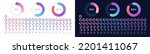 Loading indicator. Progress bar. Neon color, black background. Percentage meter. UI, User interface. Loading symbol. Download process. Circle icons set. 3d template. Modern design. Vector illustration