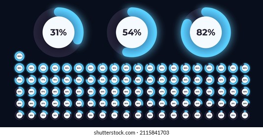 Loading indicator. Progress bar. Neon blue color, black background. Percentage meter. UI, User interface. Loading symbol. Download process. Circle icons set. Modern design. Vector illustration.