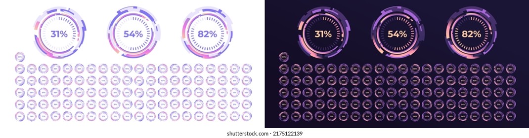 Loading indicator. Progress bar. Neon color, black background. Percentage meter. UI, User interface. Loading symbol. Download process. Circle icons set. 3d template. Modern design. Vector illustration