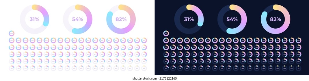 Loading indicator. Progress bar. Neon color, black background. Percentage meter. UI, User interface. Loading symbol. Download process. Circle icons set. 3d template. Modern design. Vector illustration