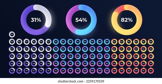 Loading indicator. Progress bar. Neon color, black background. Percentage meter. UI, User interface. Loading symbol. Download process. Circle icons set. 3d template. Vector illustration eps10.