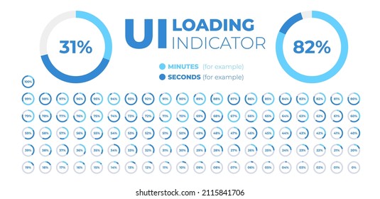 Loading indicator. Progress bar. Percentage meter. UI, User interface. Loading symbol. Download process. Circle icons set. Minimalistic 3d template. Realistic modern design. Vector illustration.