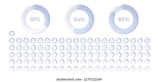 Loading indicator. Progress bar. Percentage meter. UI, User interface. Loading symbol. Download process. Circle icons set. Minimalistic 3d template. Modern design. White color. Vector illustration.