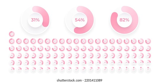 Loading indicator. Progress bar. Percentage meter. UI, User interface. Loading symbol. Download process. Circle icons set. Minimalistic 3d template. Realistic modern design. Vector illustration.