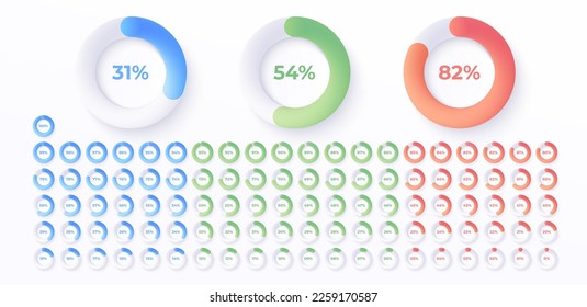Loading indicator. Progress bar. Percentage meter. UI, User interface. Loading symbol. Download process. Circle icons set. Minimalistic 3d template. Modern design. White color. Vector illustration.