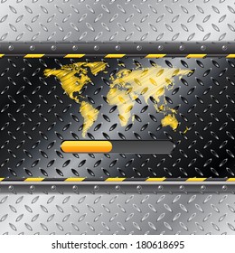 Loading industrial interface with metallic plate and scribbled world map