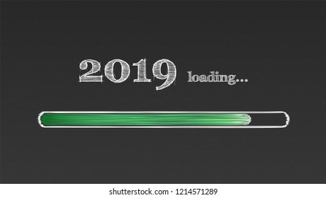 Loading New Year 2019. Handwritten chalk inscription on school blackboard. Scribble, doodle style. Greetings with design of text in vintage style. Vector illustration, eps10.