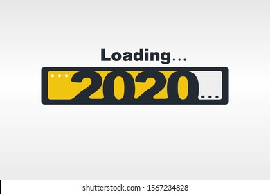 Loading new year 2020. Greeting card holiday season. Loading bar Happy New Year 2020. Simple greetings template text design. Vector illustration. Isolated on black background.