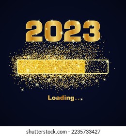 Loading new year 2023. Greeting card bright sparkles. Gold dust loading bar Happy New Year 2023. Simple greetings template text design. Vector illustration. Isolated on black background. Brochure card