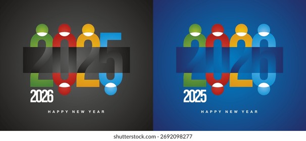 Loading New Year 2026 connecting people. Modern abstract design of people at the table. Colorful negative space 2025 and 2026 number template on black blue background