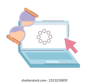 Loading notebook flat concept vector spot illustration. Laptop with hourglass and arrow cursor 2D cartoon object on white for web UI design. Slow internet isolated editable creative hero image