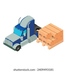 Loading operation icon isometric vector. Semi trailer truck near wooden pallet. Large cargo delivery