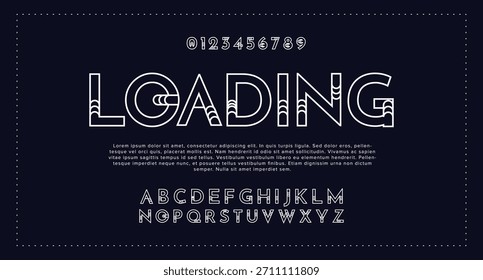 Cargando esquema Alfabeto de estilo digital, fuente de línea delgada, letras y números hechos en estilo lineal, Ilustración vectorial 10EPS.