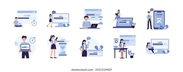 Cargando página Conjunto de ilustración plana de caracteres. Incluya la carga, el progreso, el formato digital y la interfaz. Ilustración vectorial aislada.
