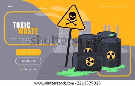 Loading page with radioactive waste in barrels. Industrial environmental pollution with toxic and chemical waste. Vector illustration