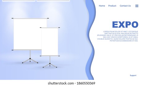 Loading page roll up banners. Advertising billboard, promotional white poster mockup, empty info stand template exhibition or conference presentation vector set