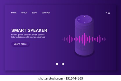 Loading page of smart voice assistant with sound wave. Isometric vector realistic illustration on purple background.