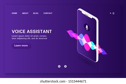 Loading page of smart voice assistant with sound wave on smartphone. Isometric vector illustration on purple background.
