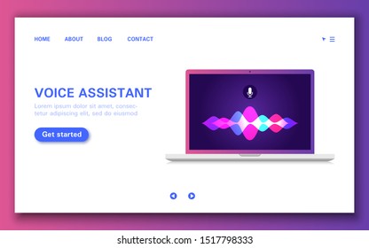 Loading page of smart voice assistant with sound wave on computer. Flat realistic vector illustration.