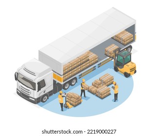 loading pallets box forklift isometric warehouse truck cardboard box in logistics business delivery truck isolate