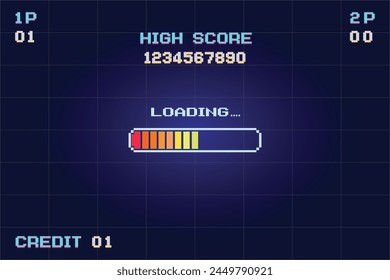 LOADING .pixel art .8 bit game. retro game. for game assets in vector illustrations. Retro Futurism Sci-Fi Background. glowing neon grid and star from vintage arcade computer games