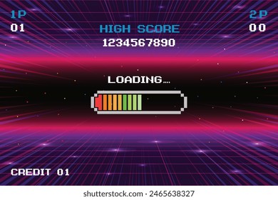 LOADING .pixel art .8 bit game. retro game. for game assets in vector illustrations. Retro Futurism Sci-Fi Background. glowing neon grid and star from vintage arcade computer games