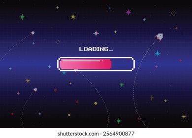 LOADING. pixel art. 8 bit. retro game. for game assets in vector illustrations. Retro Futurism Sci-Fi Background. glowing neon grid and star from vintage arcade computer game.