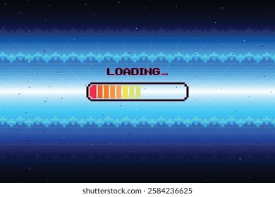 LOADING. pixel art. 8 bit. retro game. for game assets in vector illustrations. Retro Futurism Sci-Fi Background. glowing neon grid and star from vintage arcade computer game.