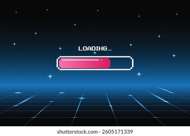 LOADING. pixel art. 8 bit game in vector illustrations. Retro Futurism Sci-Fi Background. glowing neon grid. and stars from vintage arcade comp