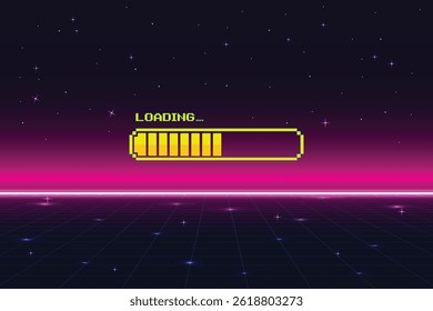 LOADING. pixel art. 8 bit. retro game. for game assets in vector illustrations. Retro Futurism Sci-Fi Background. glowing neon grid and star from vintage arcade computer game.