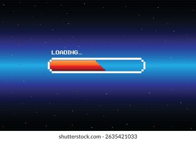 LOADING. pixel art. 8 bit. retro game. for game assets in vector illustrations. Retro Futurism Sci-Fi Background. glowing neon grid and star from vintage arcade computer game.