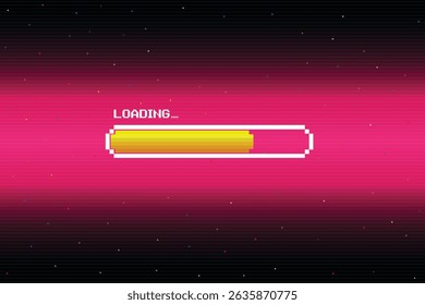 LOADING. pixel art. 8 bit. retro game. for game assets in vector illustrations. Retro Futurism Sci-Fi Background. glowing neon grid and star from vintage arcade computer game.